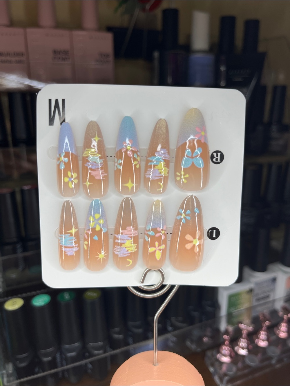 Press-On Nails Neutral Ombre with Pastel Floral Accents